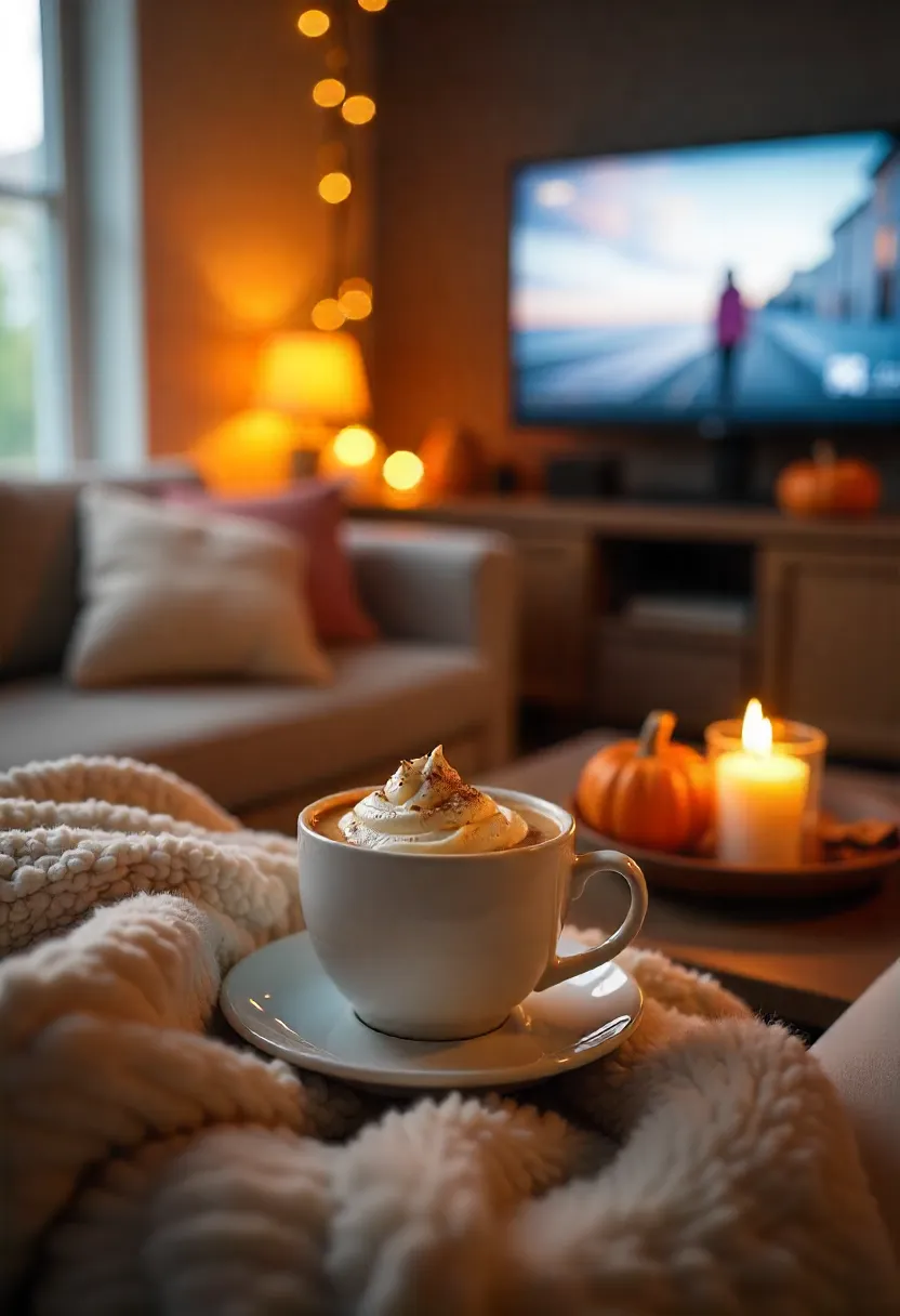 Cozy fall movie night setup with pumpkin spice latte, blankets, candles, and autumn decorations.