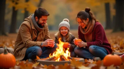 Family enjoying cozy fall traditions with pumpkins, apple picking, and a bonfire surrounded by colorful autumn leaves.