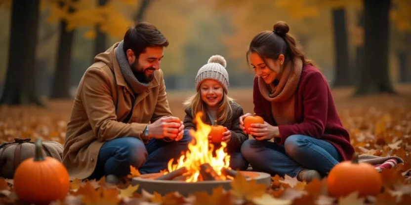 Family enjoying cozy fall traditions with pumpkins, apple picking, and a bonfire surrounded by colorful autumn leaves.