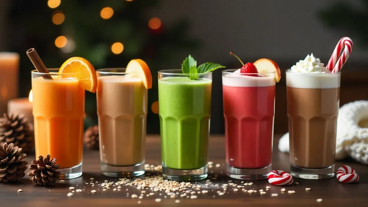 Assortment of five cozy winter smoothies in glasses, including pumpkin spice, cranberry-orange, gingerbread green, apple-cinnamon, and peppermint mocha, styled with festive winter decor.