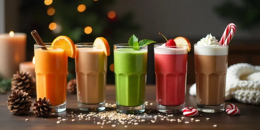 Assortment of five cozy winter smoothies in glasses, including pumpkin spice, cranberry-orange, gingerbread green, apple-cinnamon, and peppermint mocha, styled with festive winter decor.