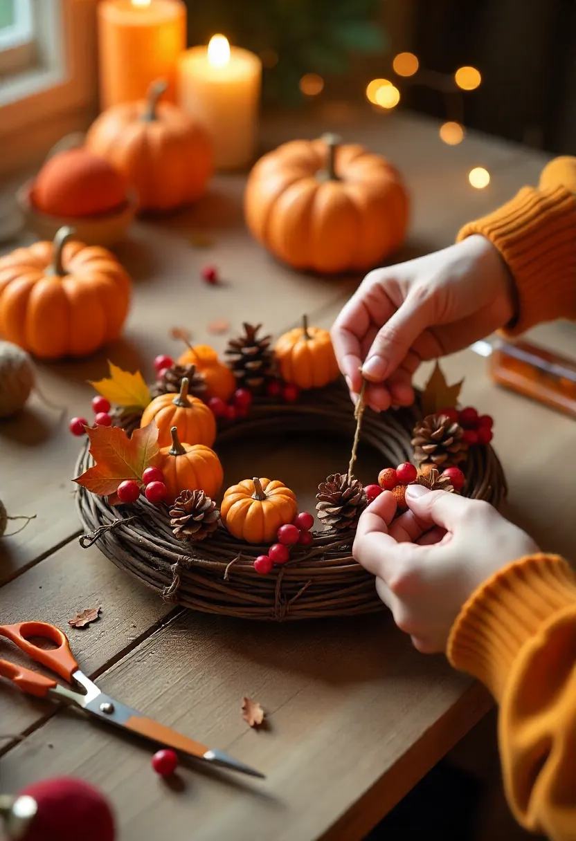 Hands crafting a fall wreath with pinecones, dried leaves, berries, and pumpkins on a cozy autumn table.