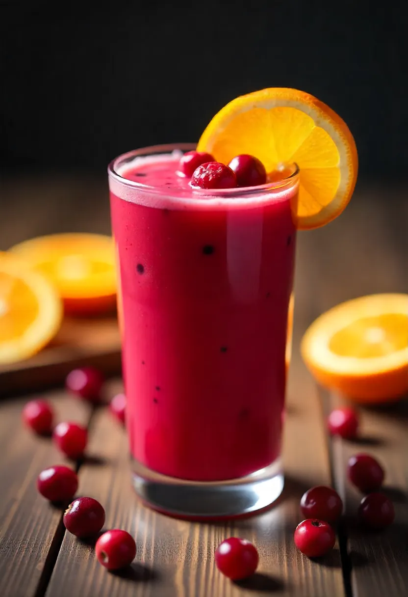 Cranberry orange smoothie in a glass topped with orange slice and cranberries, styled with fresh fruit on a rustic wooden table.