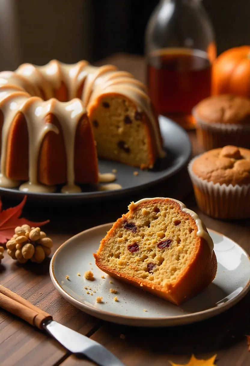 Spiced bundt cake with glaze and maple walnut muffins on a rustic table with fall spices and autumn leaves.