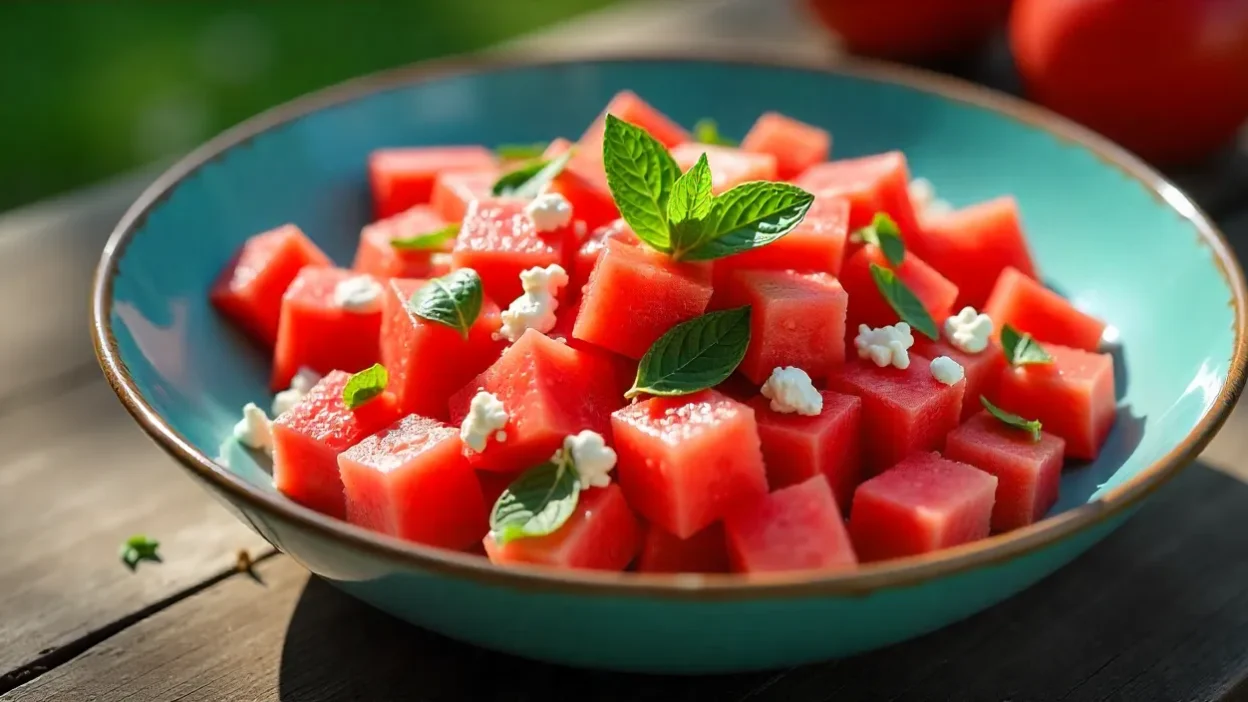 Crisp watermelon salad with mint and feta, served fresh and vibrant in a summer setting.
