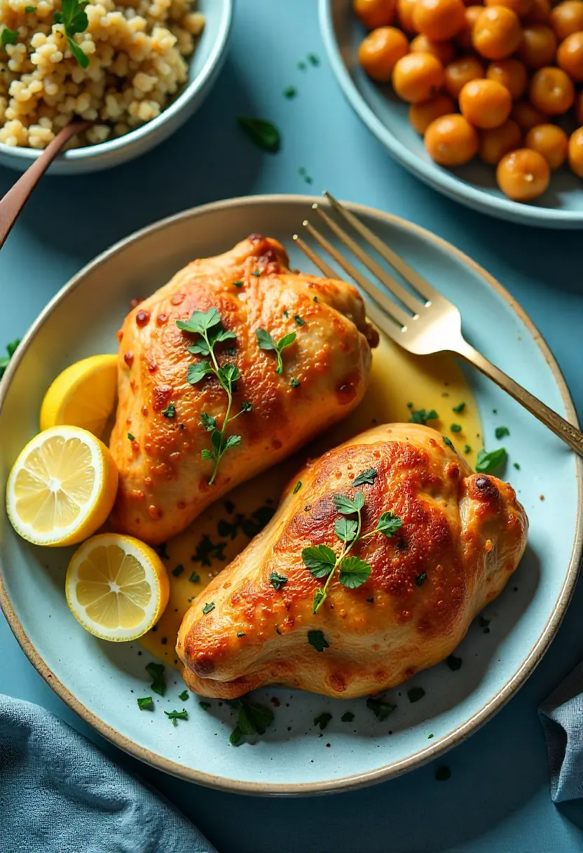 Plated crispy chicken with bulgur salad and Mediterranean chickpeas.