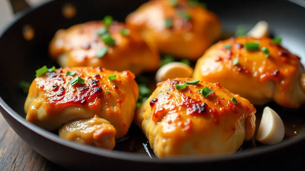 Crispy golden chicken thighs cooking in a skillet with garlic and herbs.