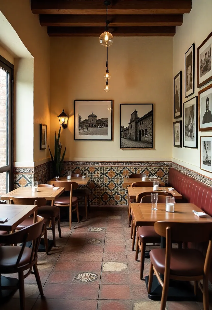Restaurant design with cultural décor elements like regional tiles, historic photos, and traditional furniture showcasing authentic storytelling.