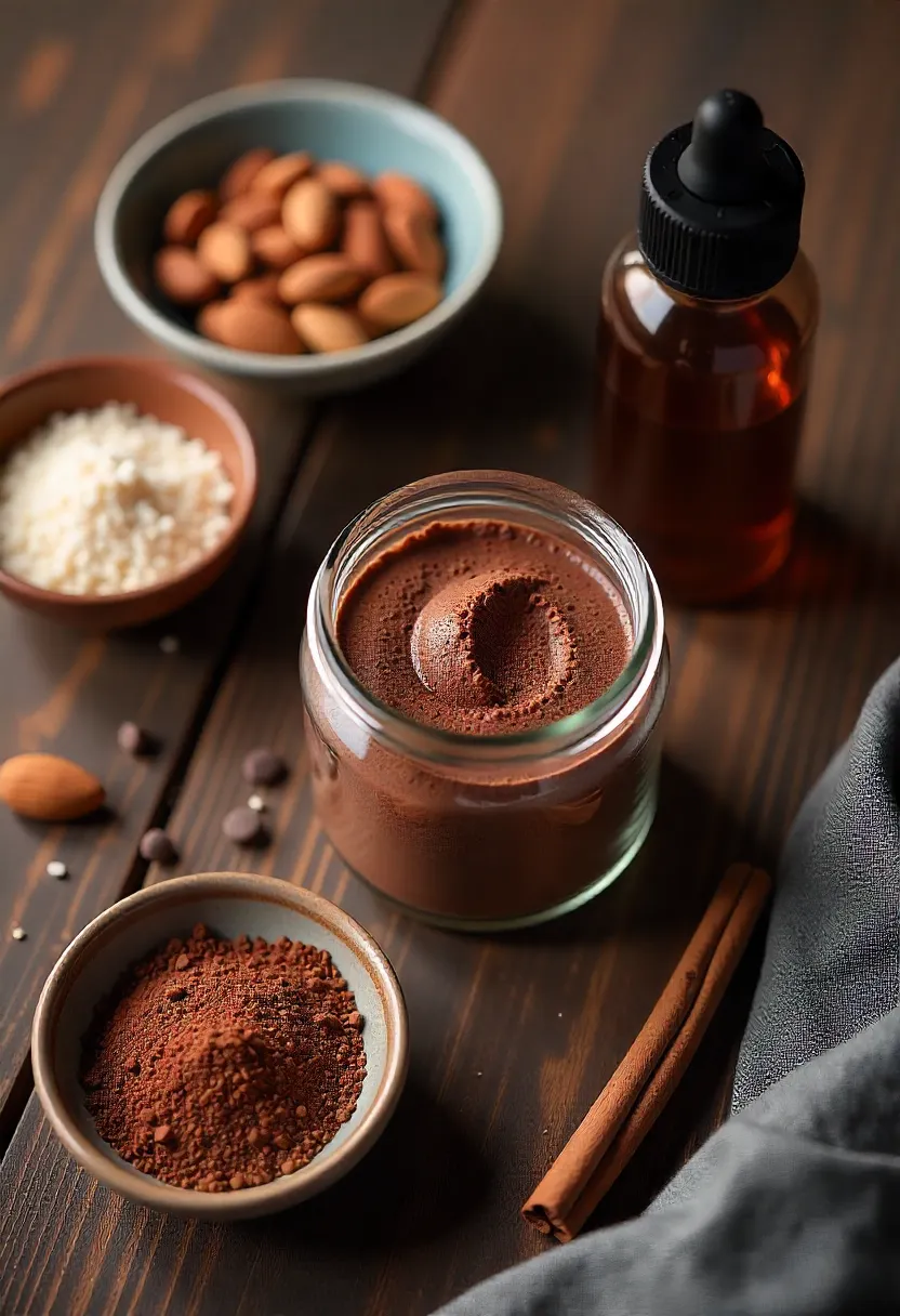 Peppermint extract, almond extract, cinnamon, cardamom, chili flakes, and chocolate chips displayed as custom flavor variations for hot chocolate mix.