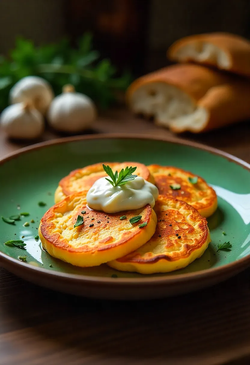Czech potato pancakes Bramboráky served with sour cream and herbs on a rustic wooden table.