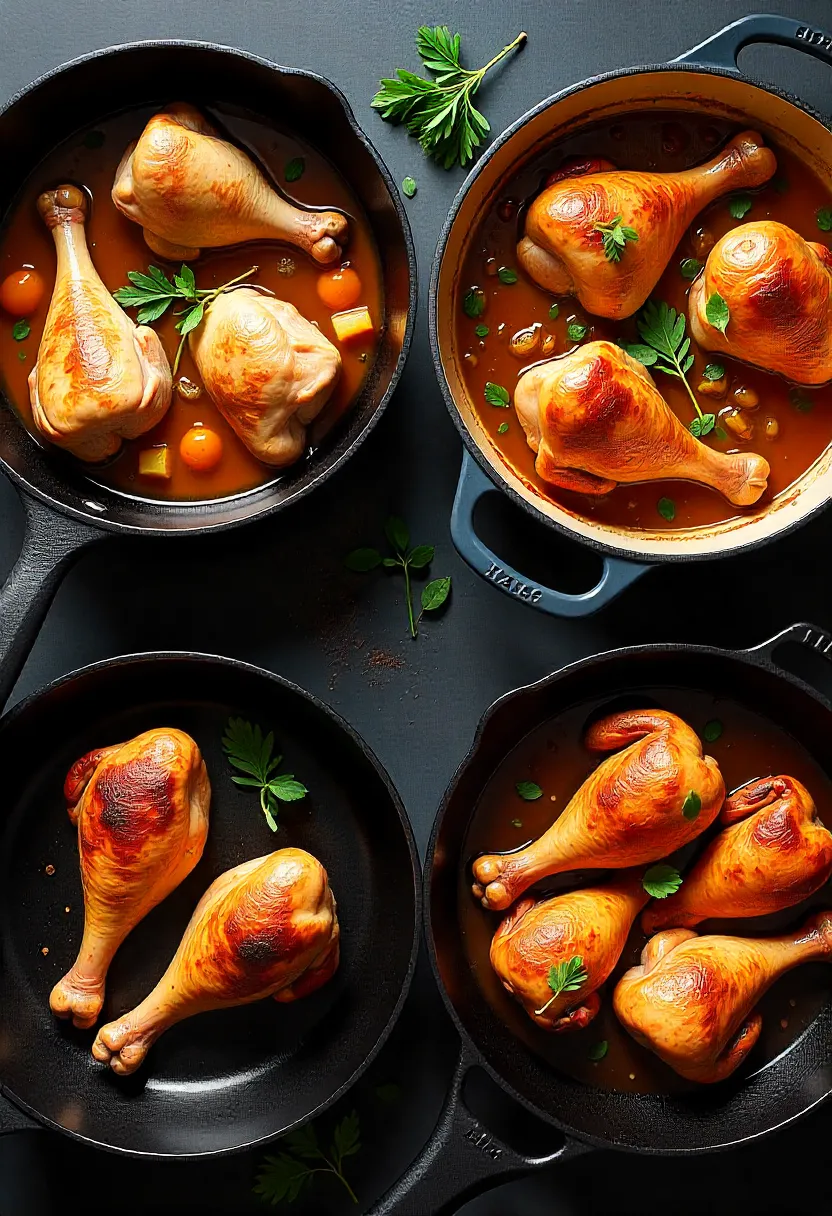 Realistic photo collage of four techniques for perfectly cooked dark meat chicken: braising, low roasting, indirect grilling, and sous vide.