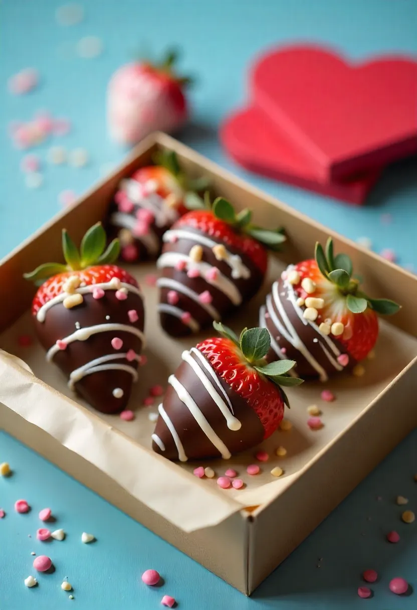 Decorated chocolate-covered strawberries with sprinkles, nuts, and drizzles on parchment paper, ready for gifting or storage in a Valentine’s Day box.