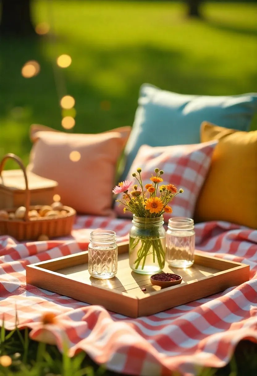 Spring picnic setup with cushions, wildflowers in jars, wooden trays with snacks, and string lights creating a cozy outdoor vibe.