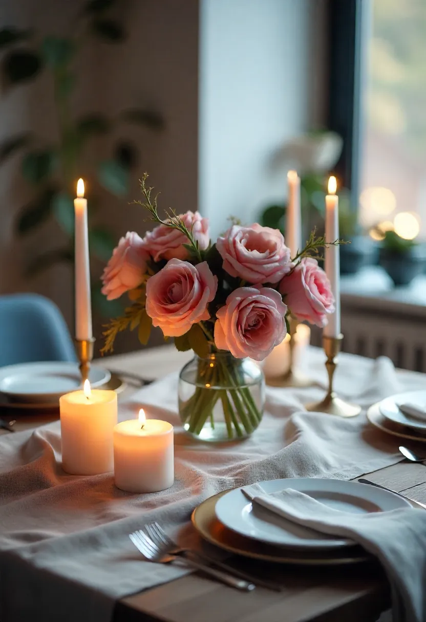 Dining table with floral centerpiece, candles, and layered linens, creating a warm and stylish atmosphere.