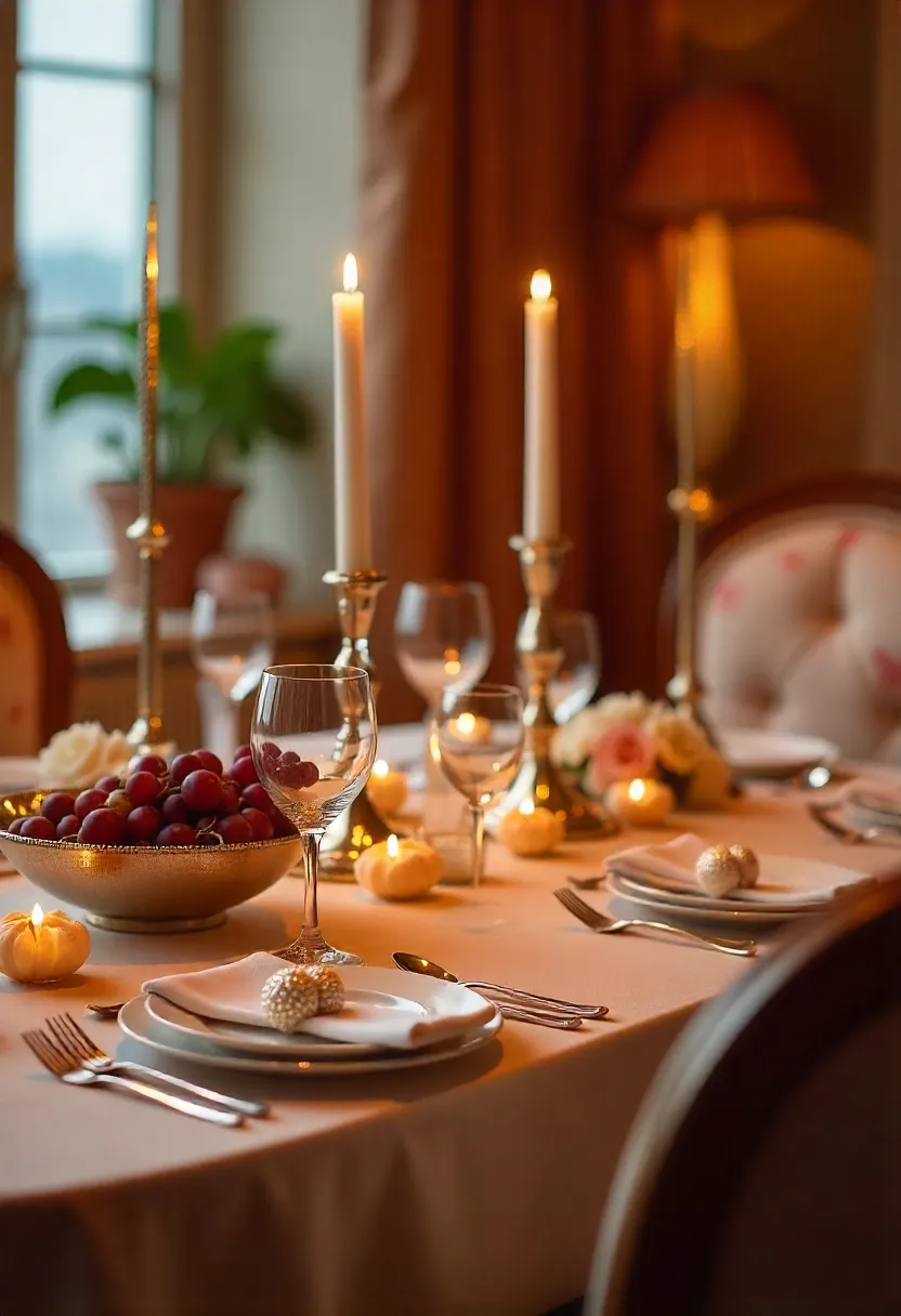 Dining table with napkin rings, fresh fruit, flowers, and candles, styled for a warm and welcoming atmosphere.