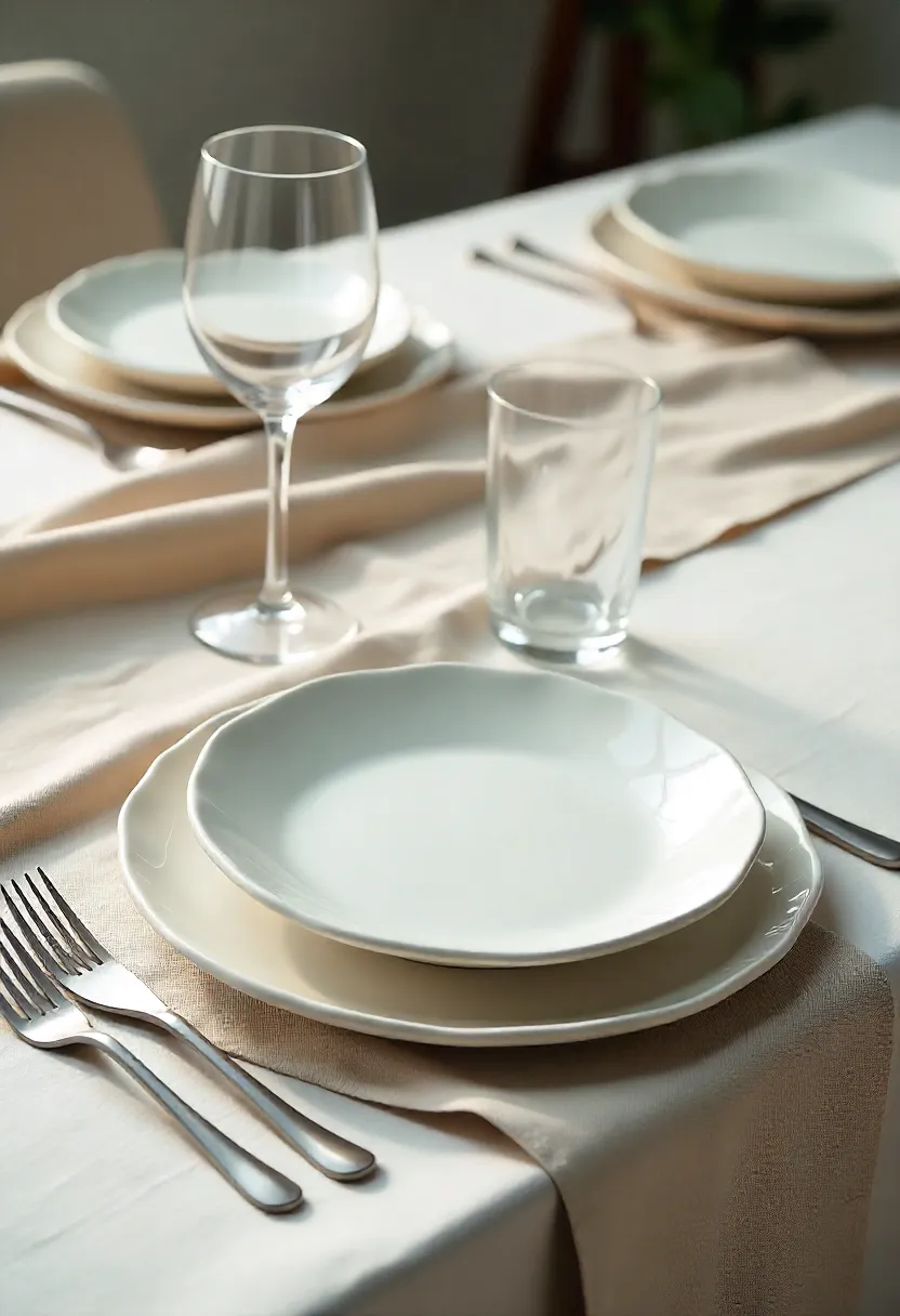Dining table with layered plates, neutral linens, silver cutlery, and crystal glasses, creating an elegant and functional foundation.