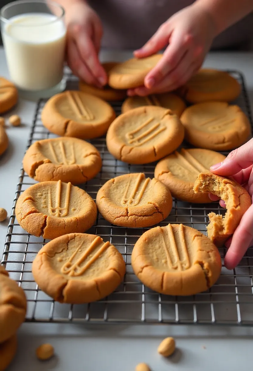 Golden peanut butter cookies with crisscross marks, kids’ hands placing them on a cooling rack in a cozy winter kitchen.
