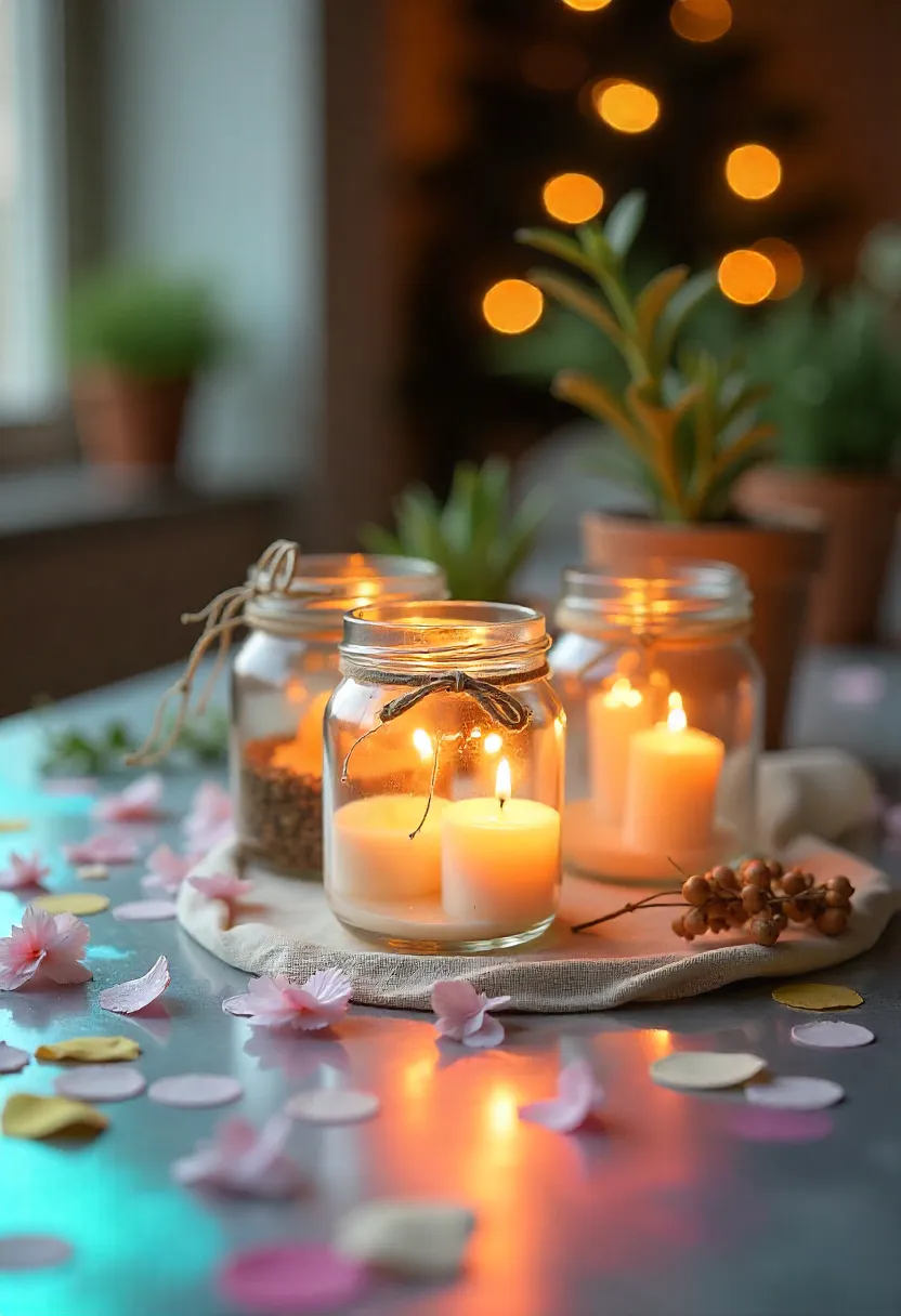 Eco-friendly party decorations with glass jar lanterns, fabric banners, potted plants, and recycled confetti for a sustainable celebration.