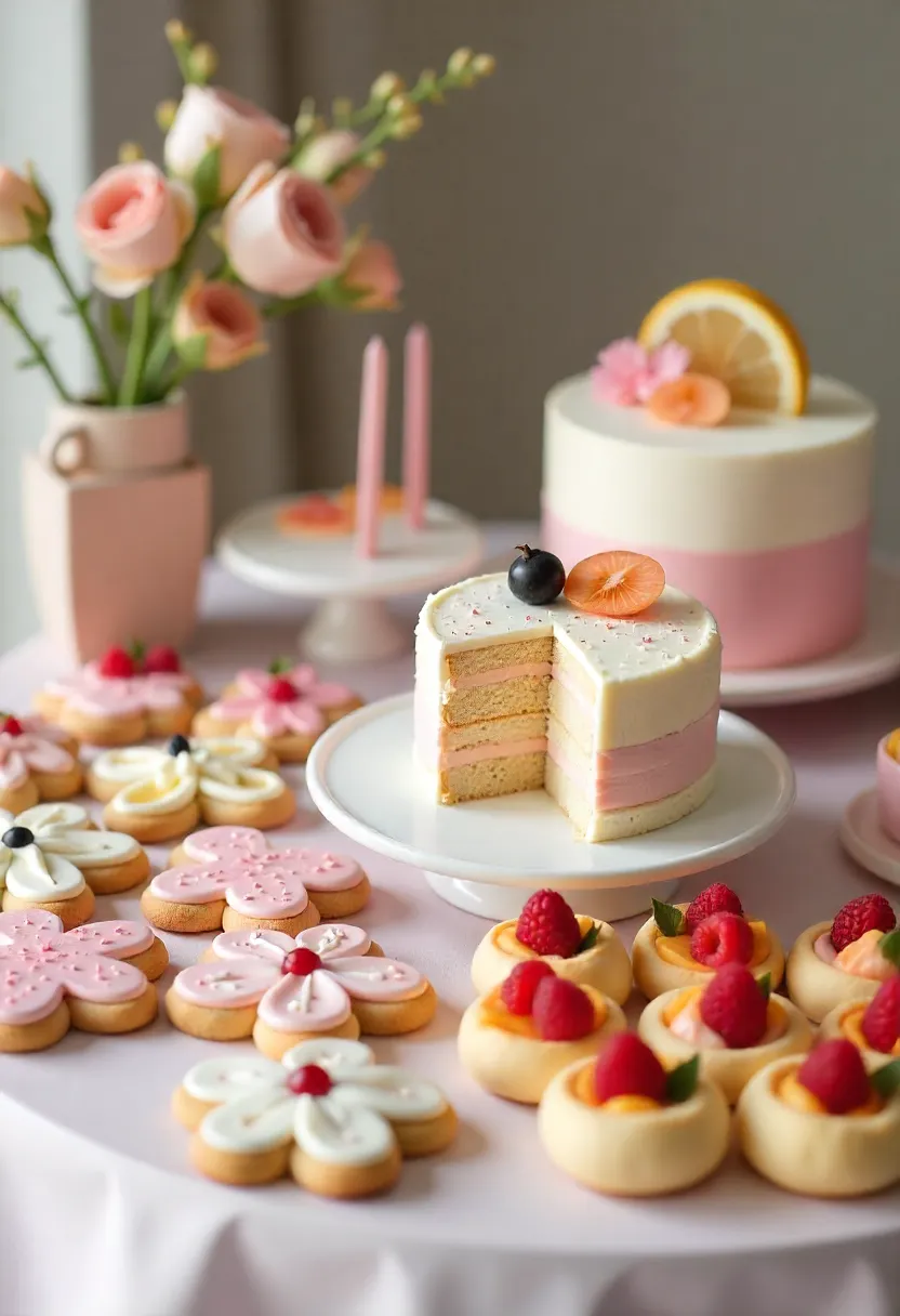 Dessert table with themed cookies, a centerpiece cake, fruit skewers, and mini sandwiches arranged as edible décor for a stylish party.