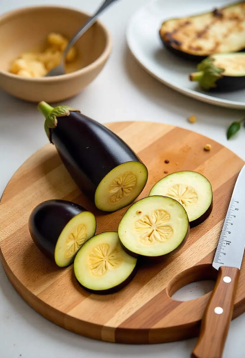 Realistic photo of an eggplant sliced into ½-inch rounds on a cutting board with a knife, showing the ideal thickness for grilling.