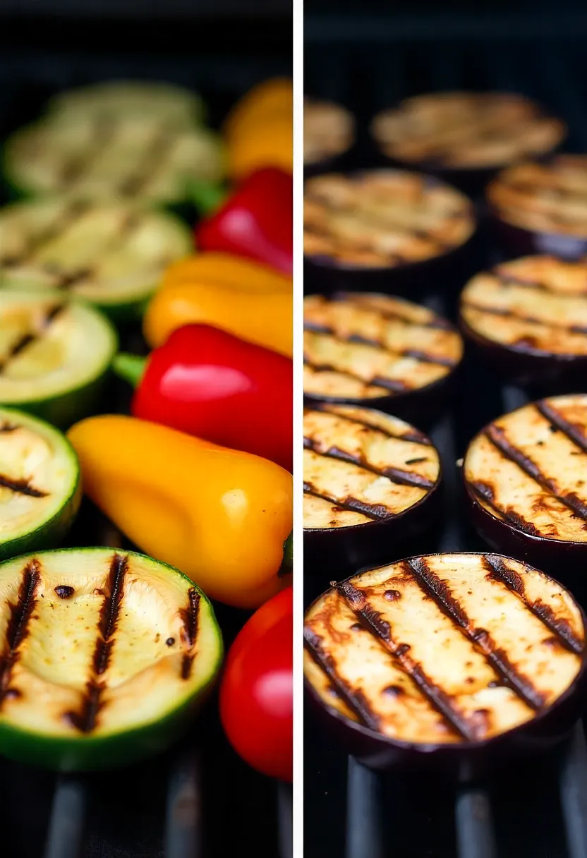 Realistic photo comparing grilled zucchini and peppers with grilled eggplant slices, showing why eggplant requires special care on the grill.
