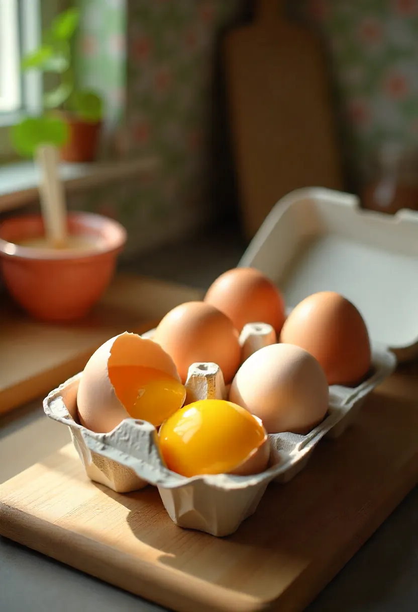 Carton of fresh eggs with a cracked egg in a bowl showing bright yolk