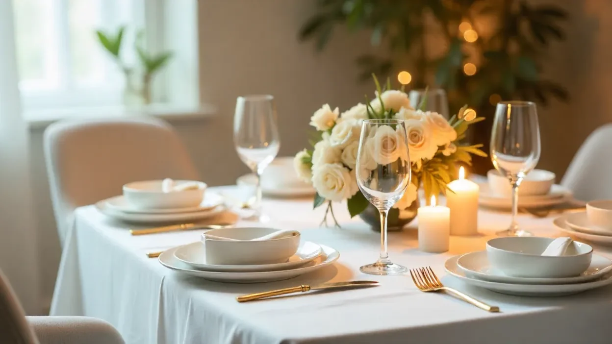 Elegant dining table with white linen, gold cutlery, crystal glasses, floral centerpiece, and candles in warm lighting.