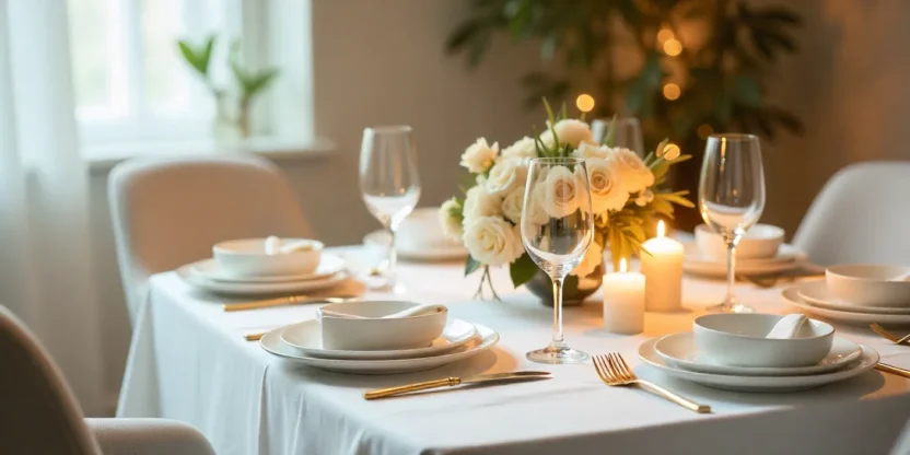 Elegant dining table with white linen, gold cutlery, crystal glasses, floral centerpiece, and candles in warm lighting.