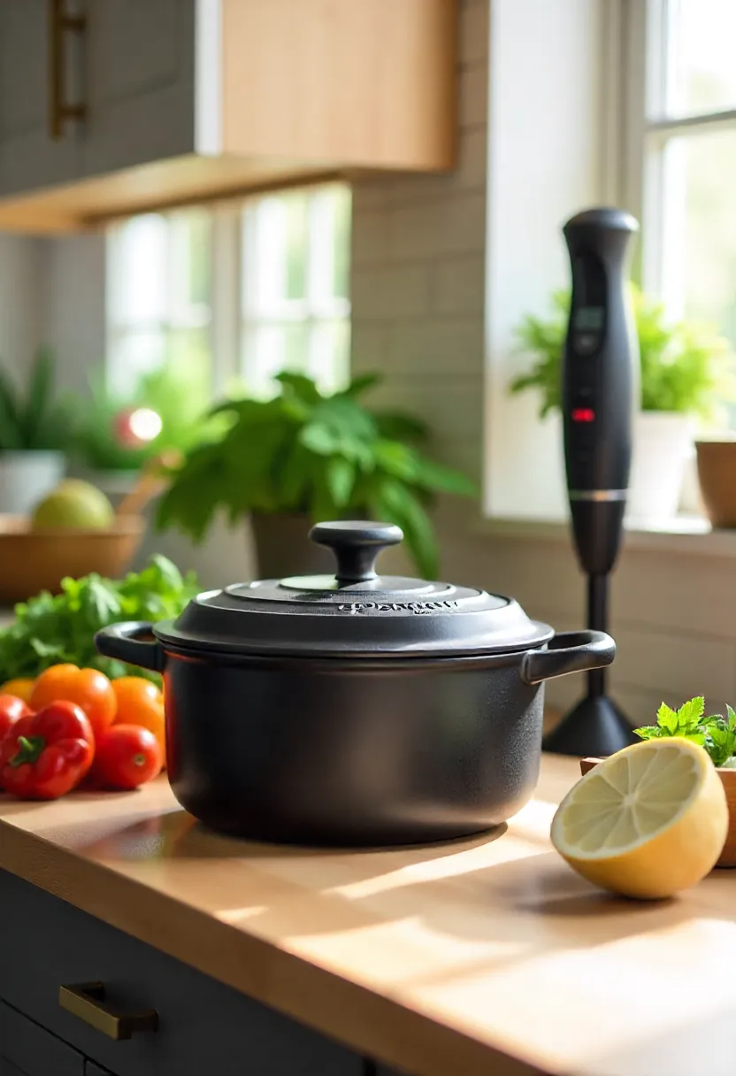 Realistic photo of essential kitchen tools including a Dutch oven, kitchen scale, bench scraper, instant-read thermometer, and immersion blender.