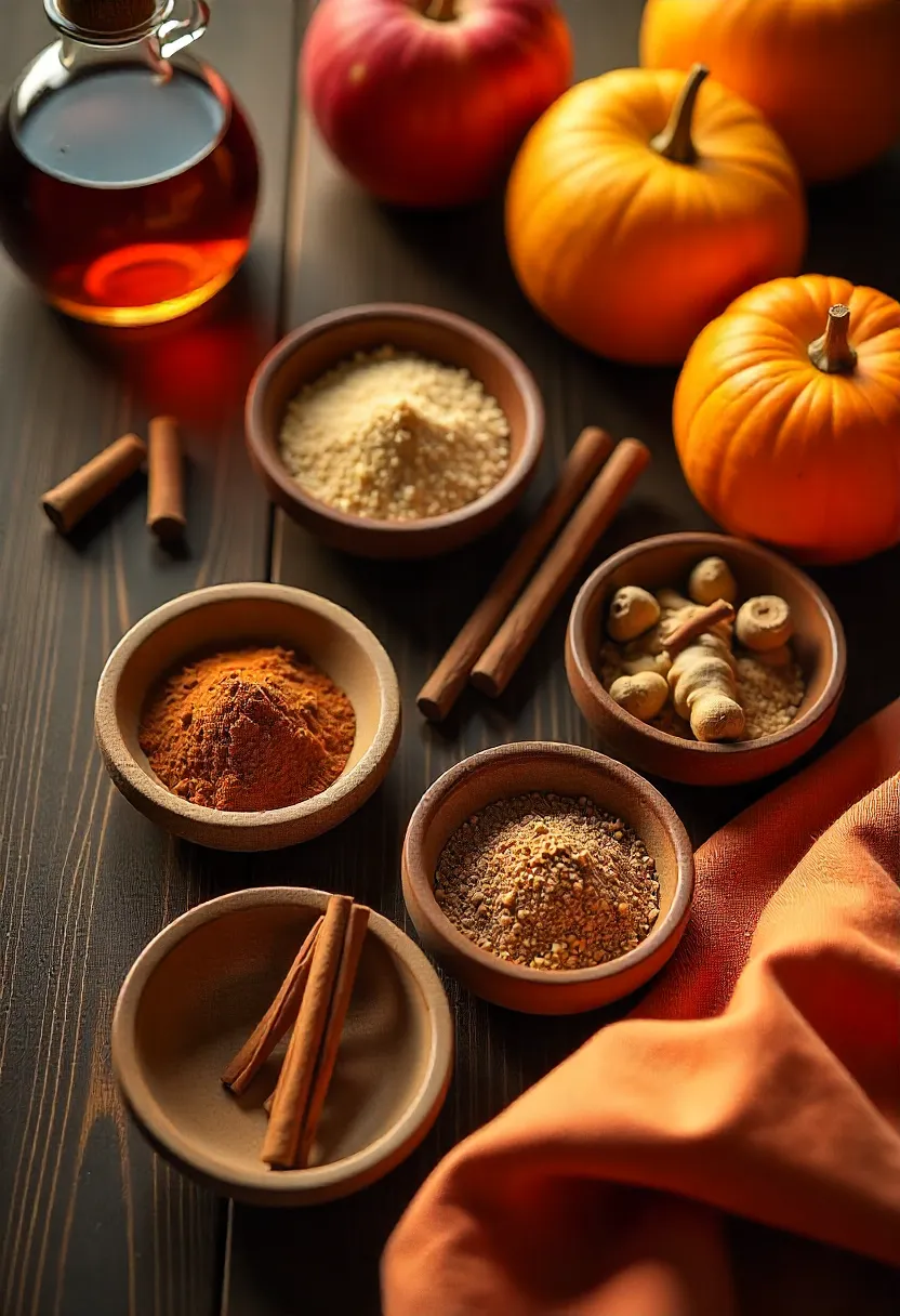 Autumn baking ingredients including cinnamon, nutmeg, cloves, pumpkin, apples, and maple syrup arranged on a rustic wooden table