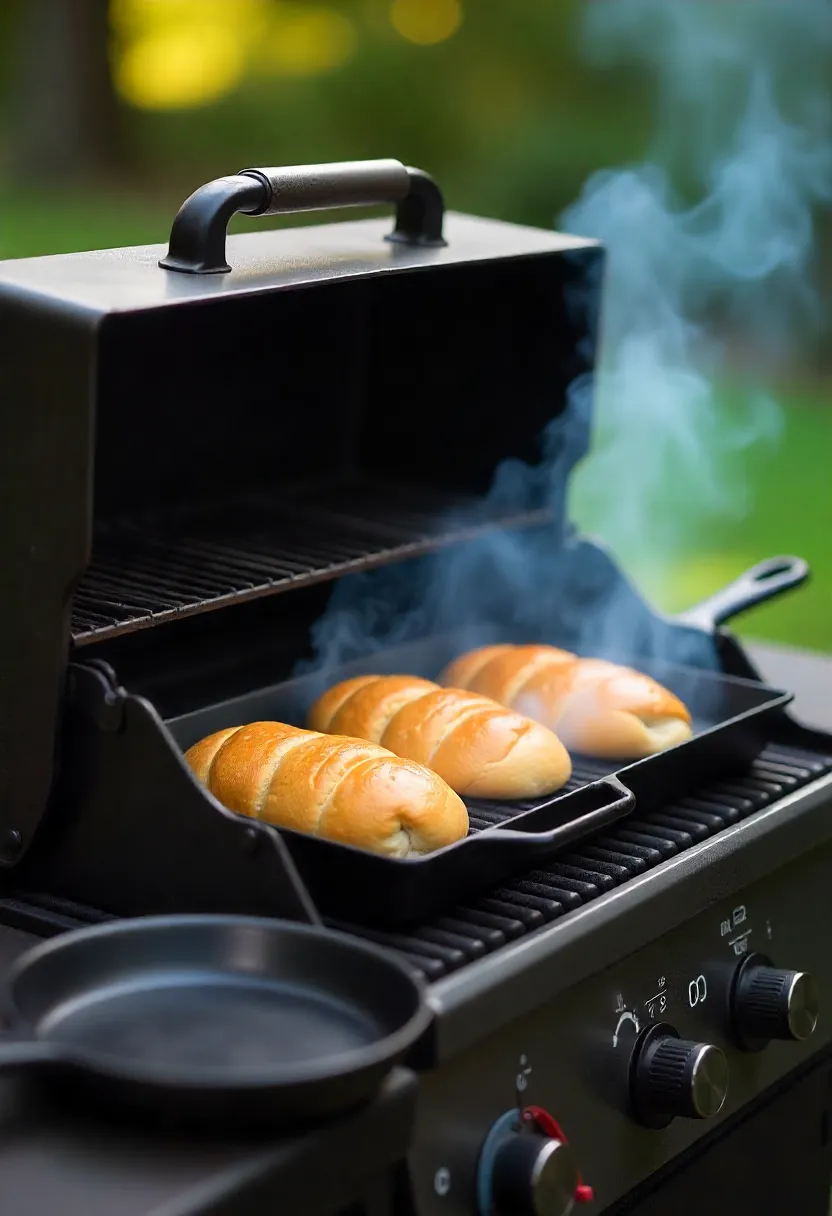 Realistic photo of a grill with lid closed, thermometer on the grate, and cast iron skillet ready for baking bread outdoors.