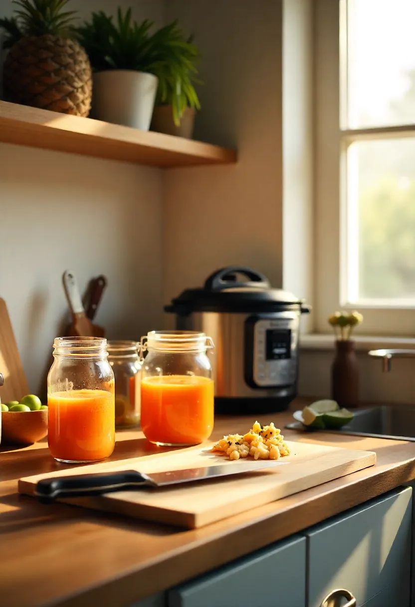 Essential meal prep tools including glass containers, mason jars, knives, a slow cooker, Instant Pot, and blender arranged on a kitchen counter.
