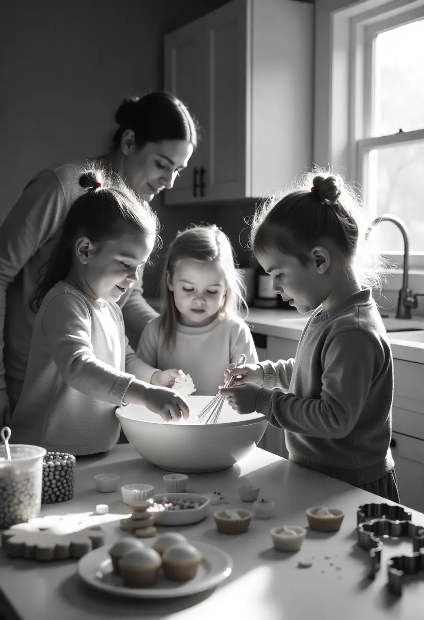 Kids and parents baking together in a cozy kitchen, measuring flour and mixing batter with sprinkles and cookie cutters on the table.