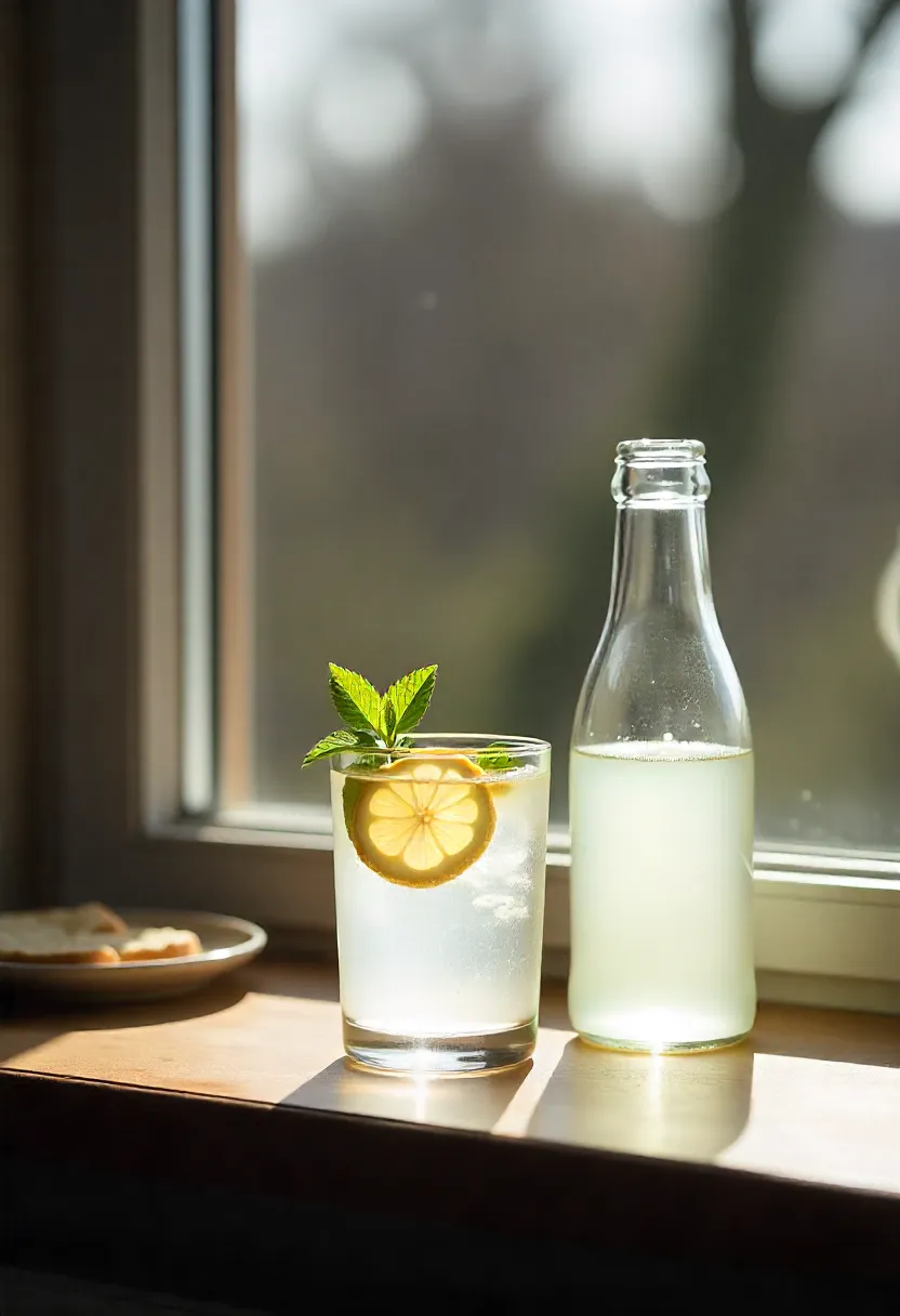 Estonian birch sap drink (Mahlakuu Maagia) served in a glass and bottle on a wooden windowsill with spring branches outside.