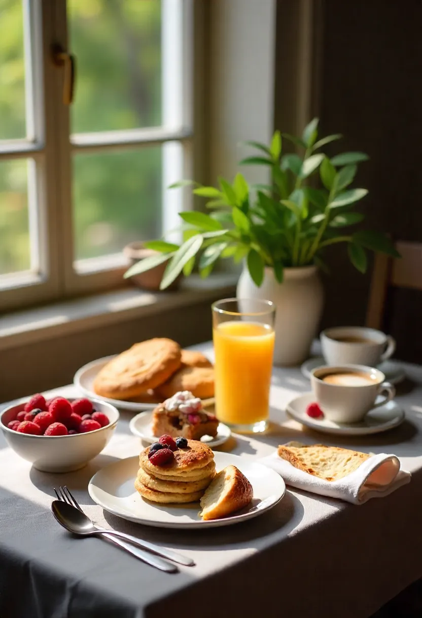 European breakfast table with traditional dishes, pastries, tea, and coffee in a rustic cozy setting with natural light.