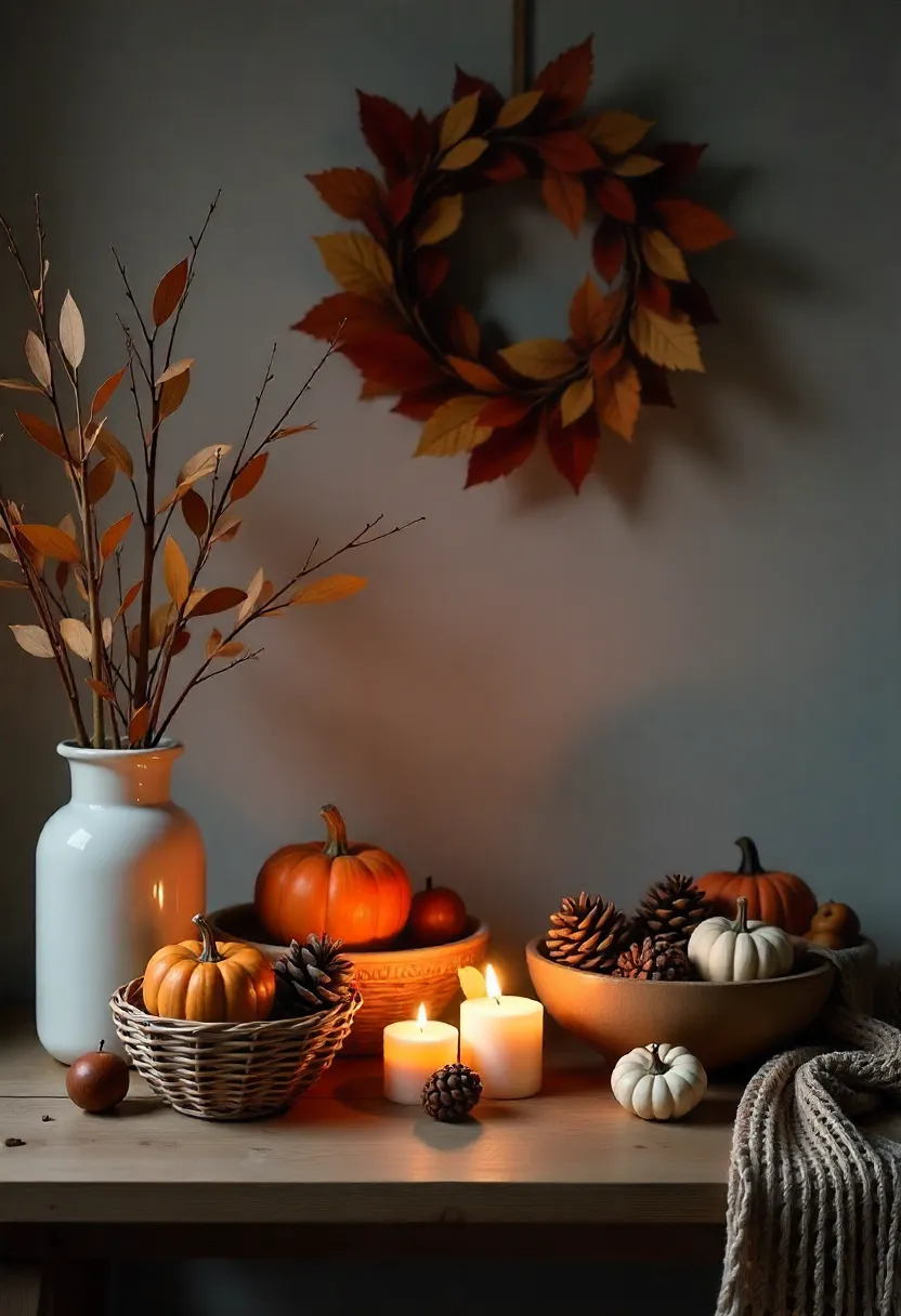 Rustic fall home décor with dried leaves, pinecones, acorns, and pumpkins arranged as a seasonal centerpiece.