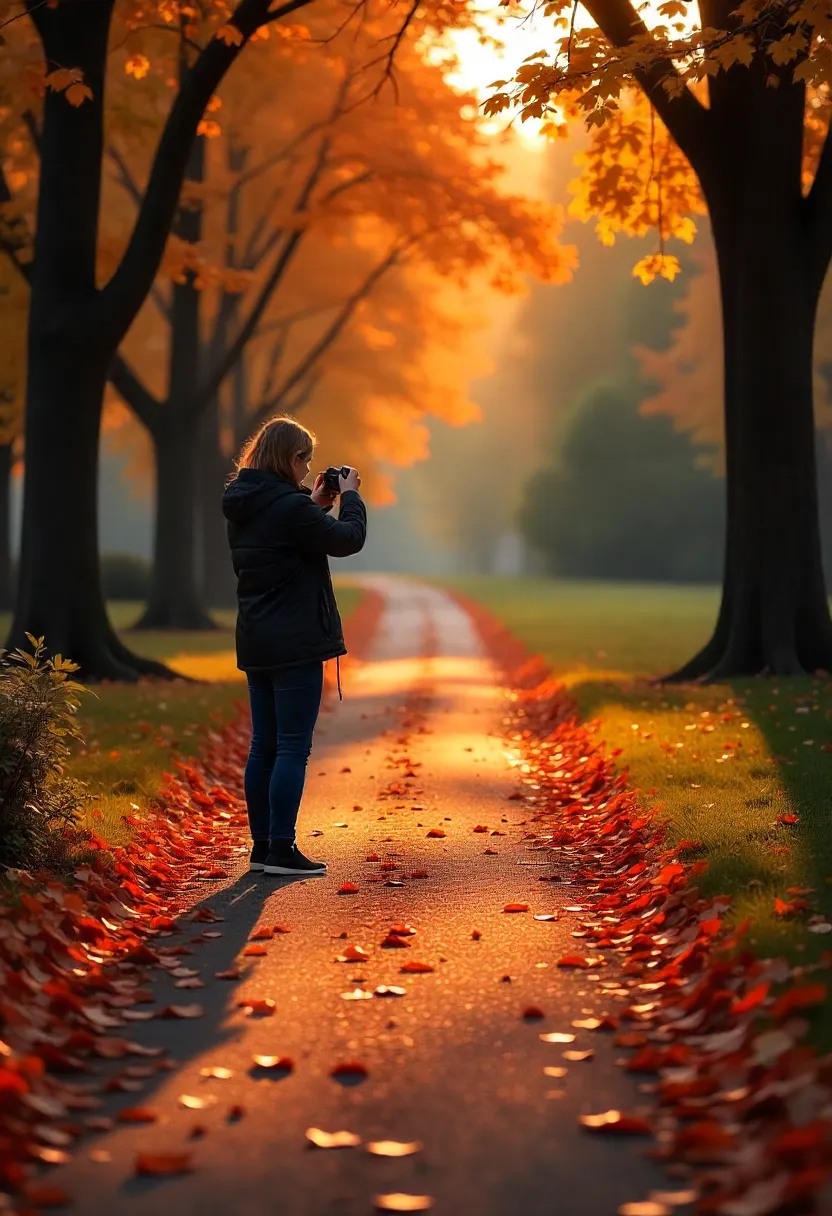 Person taking photos of autumn leaves and seasonal details during a fall walk in a colorful park.