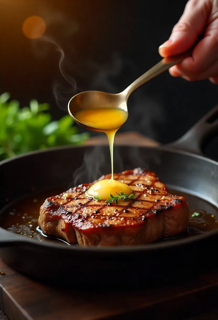 Chef pouring hot butter over a steak to re-crisp the crust.