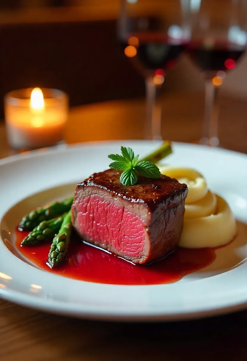 Filet mignon steak with red wine sauce, served with mashed potatoes and asparagus, perfect romantic dinner for Valentine’s Day.