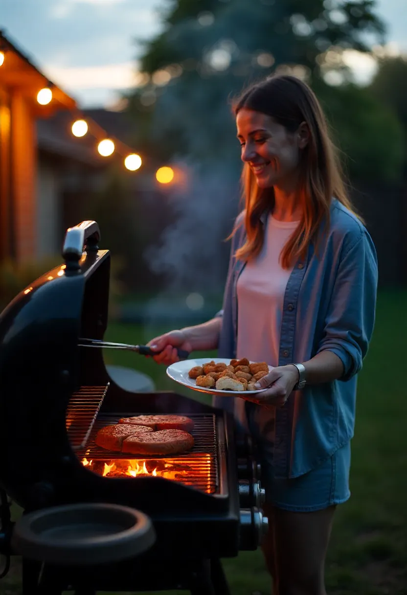 A person finishing up a grilling session at sunset, holding a plate of food near a clean grill, symbolizing the satisfaction of simple outdoor cooking.