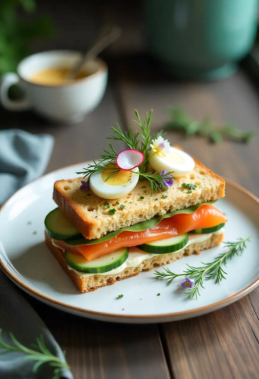 Finnish sandwich cake Voileipäkakku with rye bread layers, cream cheese, smoked salmon, cucumbers, eggs, and dill, decorated with herbs and flowers.
