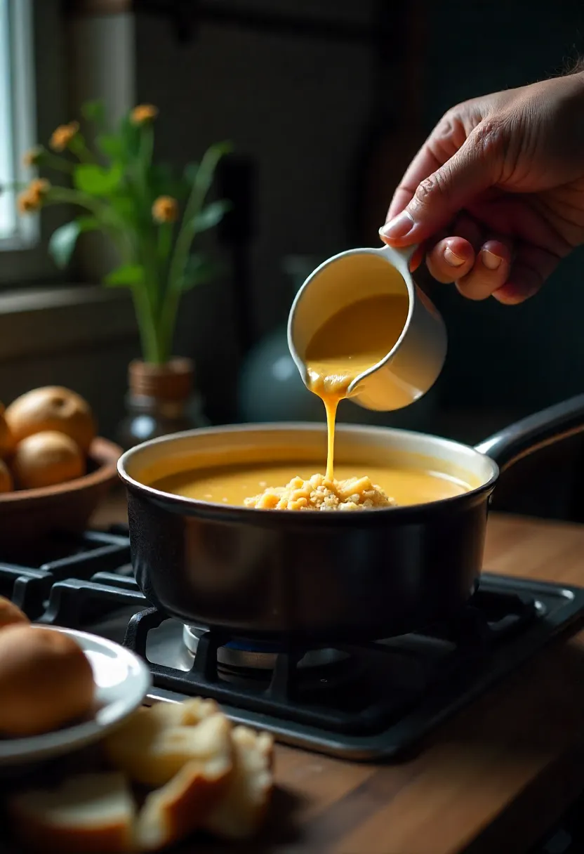 Cook adding unsalted stock to a pot of soup with potatoes, cream, and bread crumbs nearby as fixes for oversalted food.