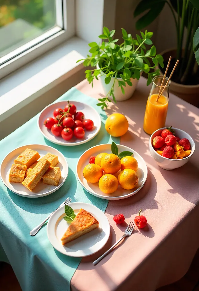 Food flat lay with vibrant colors and natural light from a nearby window, using a reflector to soften shadows and enhance the composition's brightness.