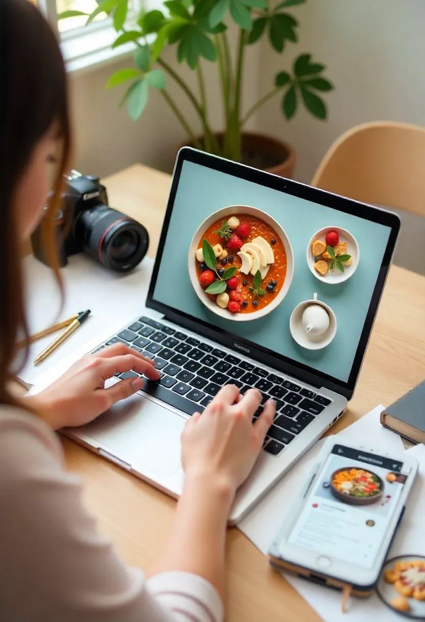 Creative setup showing a food blogger editing and preparing food flat lay photos for social media sharing and marketing.