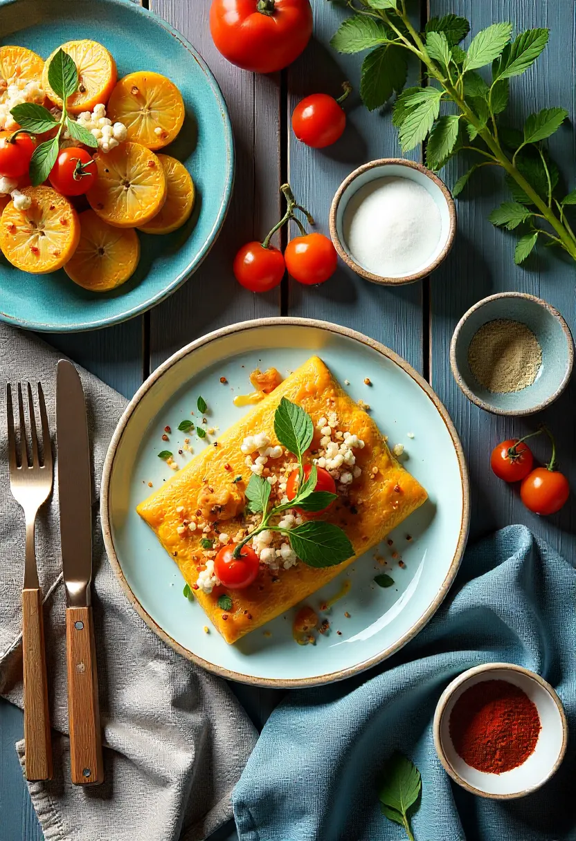 Flat lay featuring thoughtfully styled food with textured props, vibrant colors, and artistic composition designed to create a visually stunning presentation.