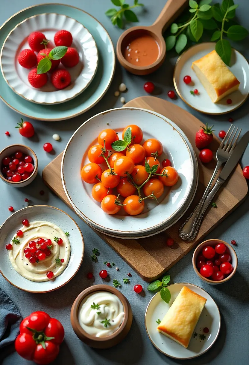 Overhead flat lay with layered food items, varied heights, and vibrant colors arranged using visual rules for depth and dynamic storytelling.