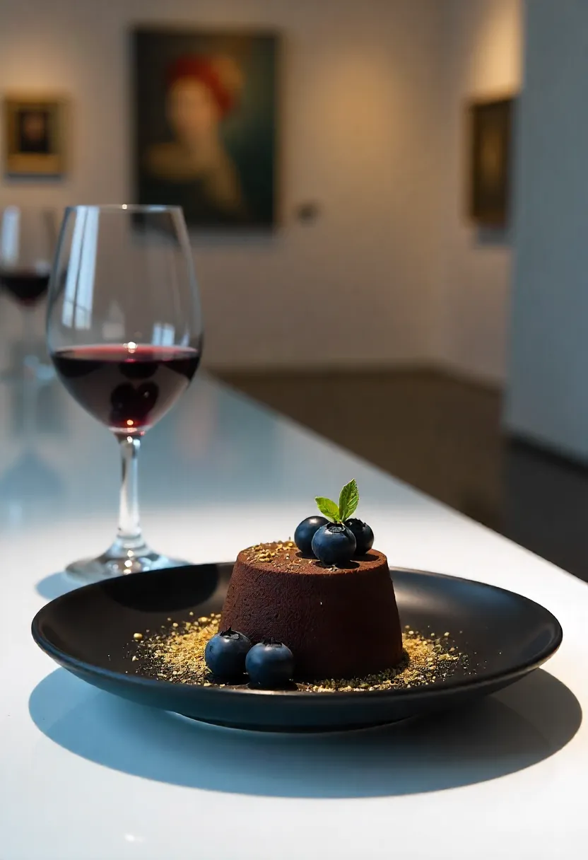 French dessert with dark chocolate truffle and wine, representing mindful eating and savoring food with pleasure.