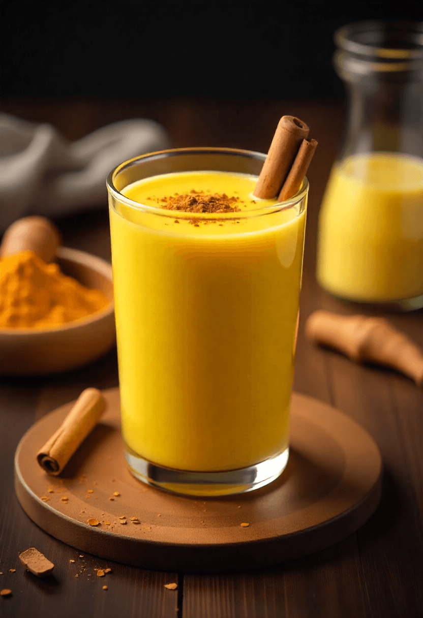 Golden milk smoothie with turmeric and cinnamon in a clear glass on a wooden table, glowing warmly as a soothing bedtime drink.
