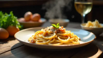 Steaming plate of creamy spaghetti carbonara with crispy pork and grated cheese on a rustic table.