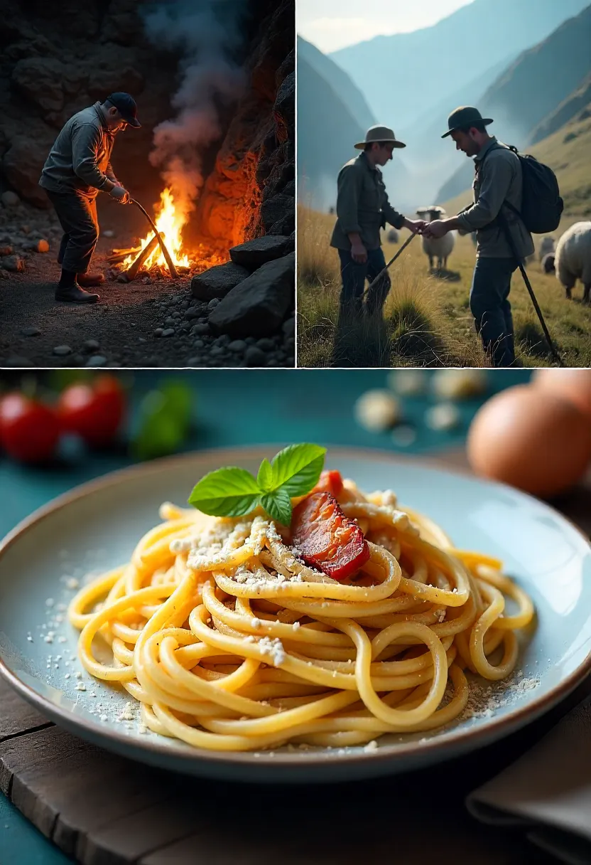 Collage showing the historical origins of carbonara with coal miners, WWII rations, shepherds, and a plate of creamy pasta.